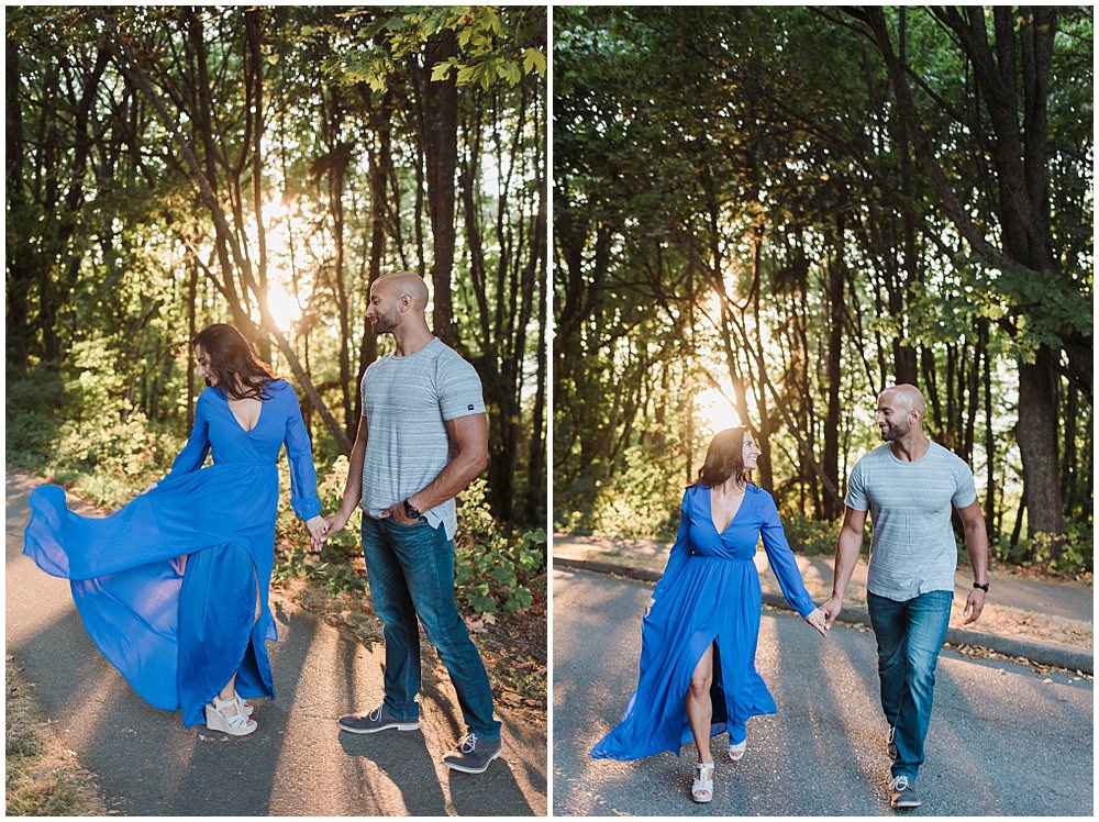  Romantic Discovery Park Seattle engagement photo in long blue lulus dress in the trees  | Julianna J Photography | juliannajphotography.com 