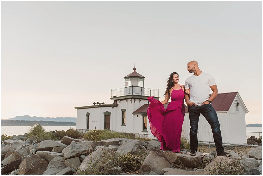  Romantic Discovery Park Seattle engagement photo by the lighthouse with lulus fusion dress  | Julianna J Photography | juliannajphotography.com 