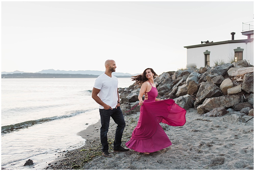  Fun and Romantic Discovery Park Seattle engagement photo by the lighthouse with lulus fusion dress  | Julianna J Photography | juliannajphotography.com 